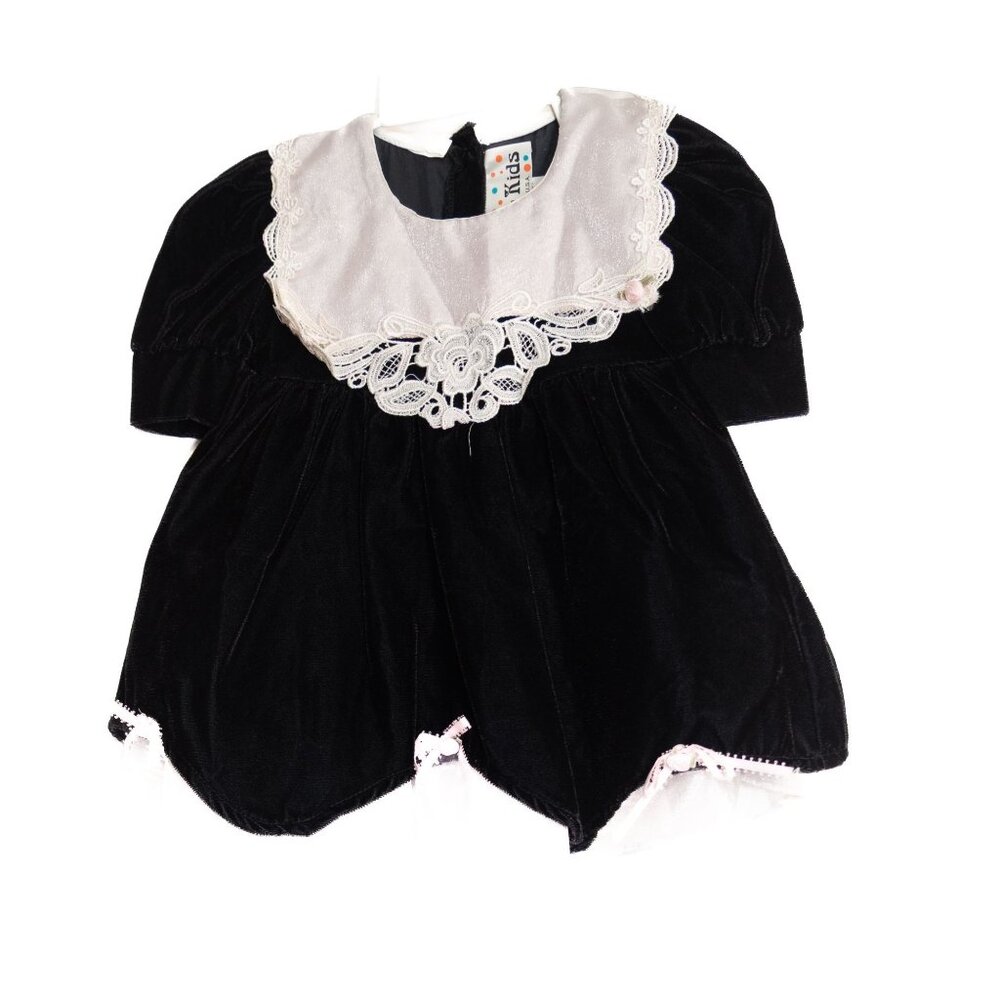 Vintage Size 18M Black Velvet Baby Doll Dress W/ White Lace Collar & Bow Short